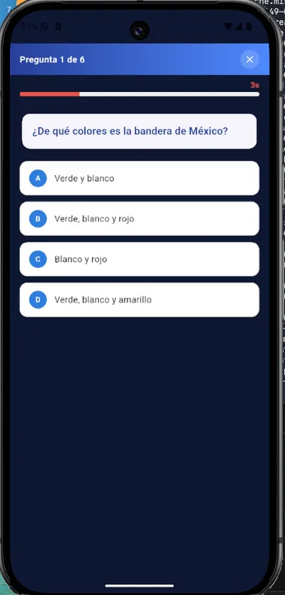 Pregunta de trivia con cuatro opciones de respuesta y tiempo límite.
