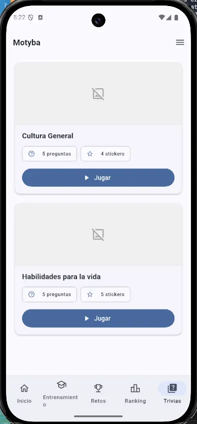 Lista de trivias disponibles en la App Motyba, con preguntas y láminas por ganar.